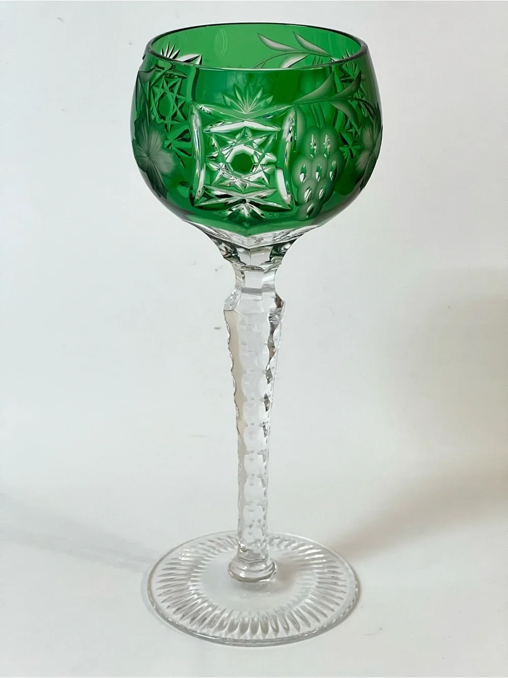 Ajka Crystal Marsala Emerald Green Cut to Clear Glass Wine Hock Goblet 8.2 in